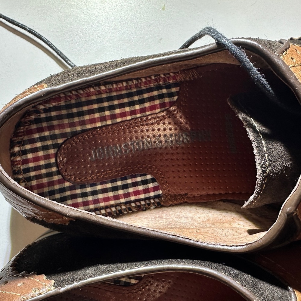 Johnston & Murphy Ellington wingtip sheepskin brown leather black suede oxfords - Picture 6 of 8
